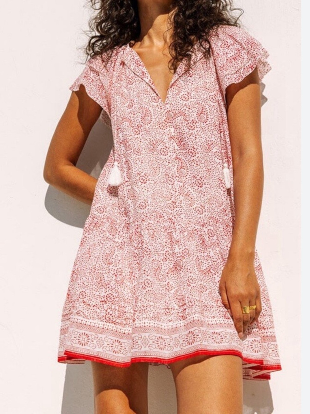 Cleobella womans Jaya Pink Paisley Tassel V-Neck Mini Dress size L